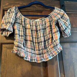 American Eagle Off Shoulder Puff Sleeve Plaid Cinched